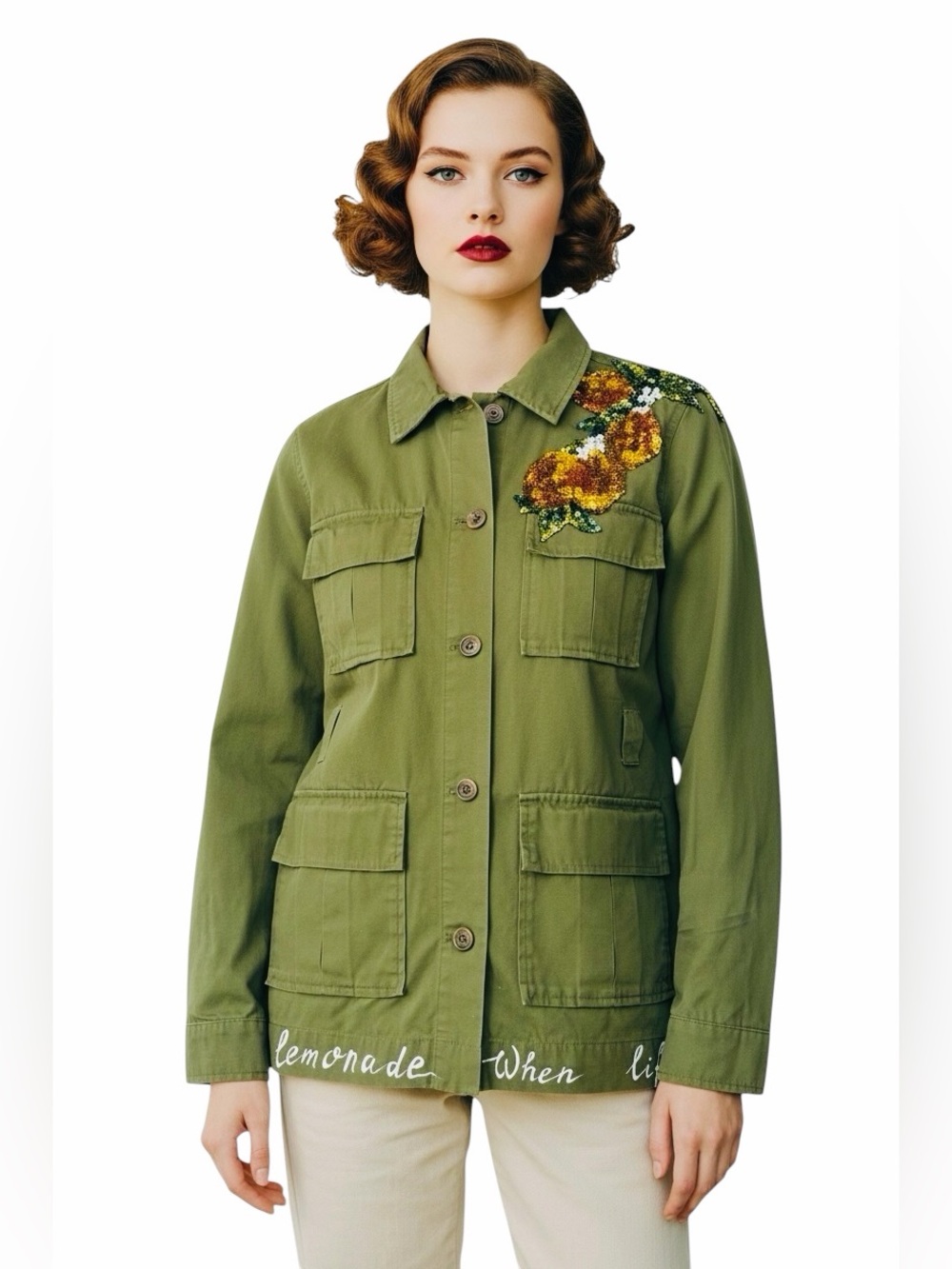 Vintage Army Jacket with sequined Embroidered Flowers .
